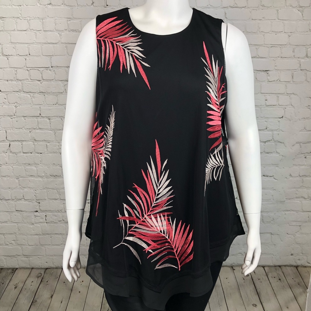 1X 3X Alfani Black & Pink Palm Mesh Overlay Tank - Picture 2 of 5